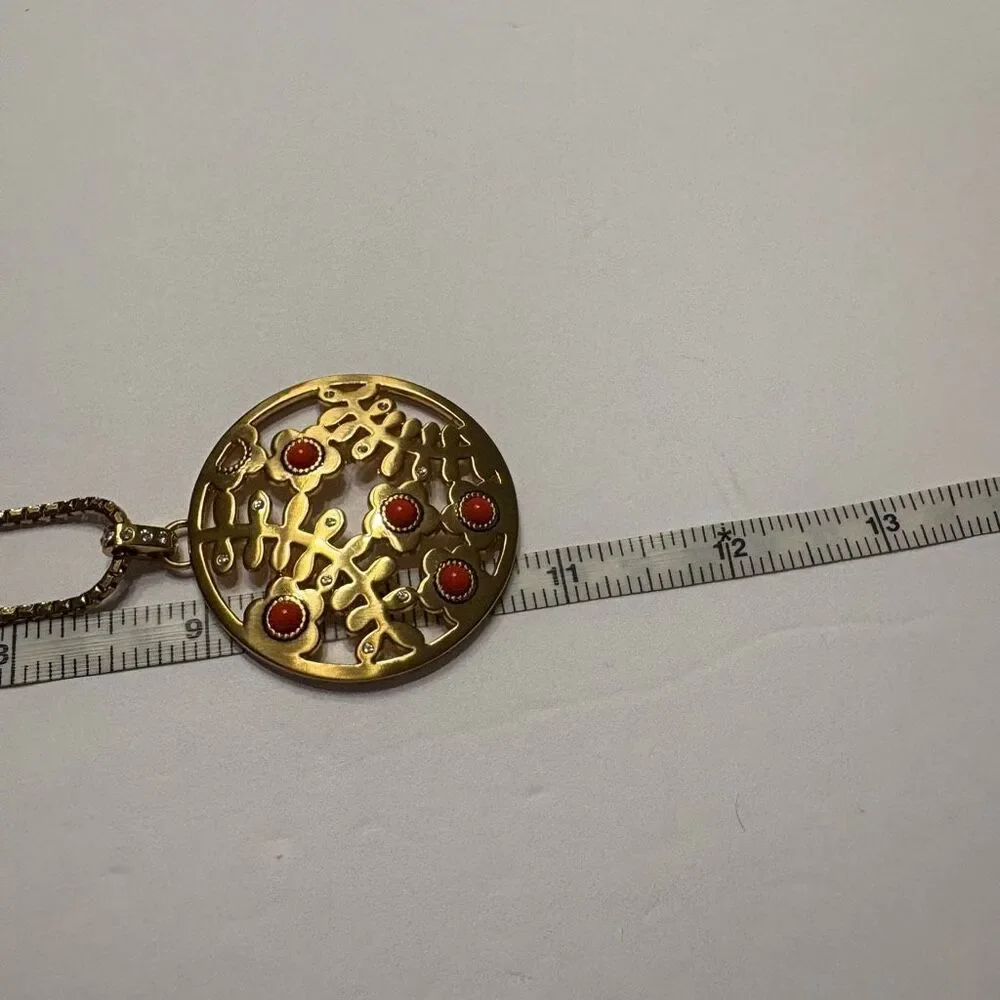 Brighton “Francesca” Brushed Gold Necklace Gold Coral Red Round Pendant Chain